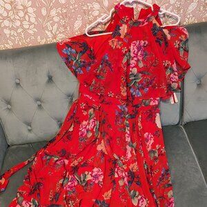 Eliza J Red Halter Pop Over Tie Waist Floral Print High Low Dress Size 10